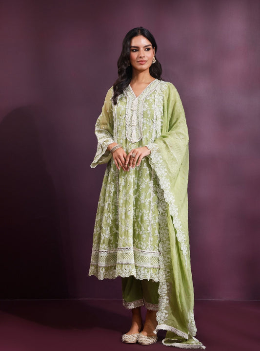 Rupa Organza Pista Green Anarkali Kurta with Pima Satin Pista Green Pant Set