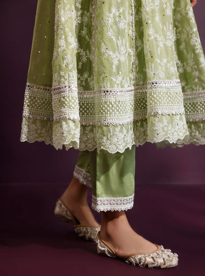 Rupa Organza Pista Green Anarkali Kurta with Pima Satin Pista Green Pant Set