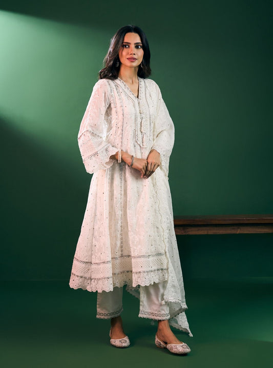 Rupa Organza Off White Anarkali Kurta with Pima Satin Off White Pant Set
