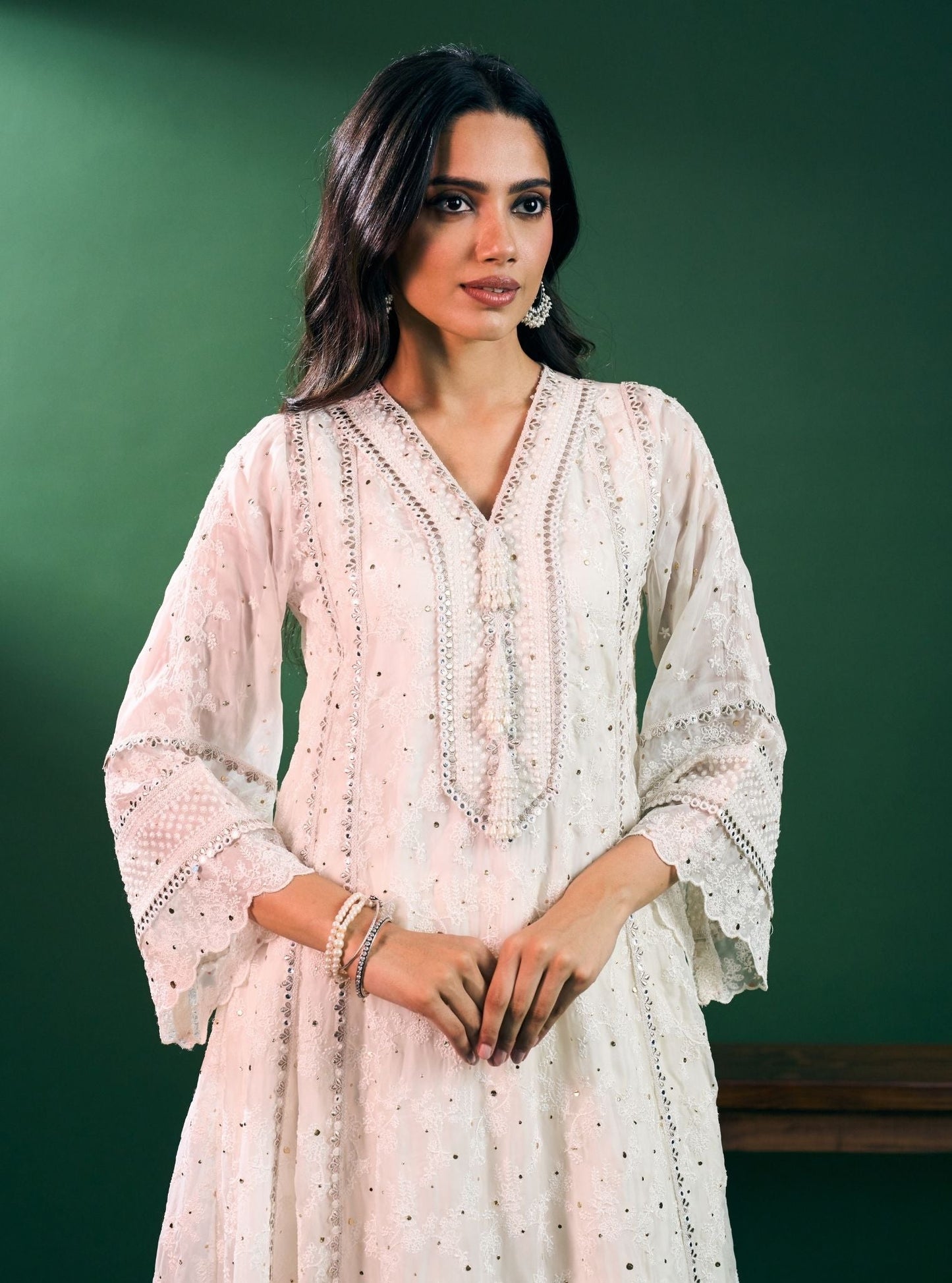 Rupa Organza Off White Anarkali Kurta with Pima Satin Off White Pant Set