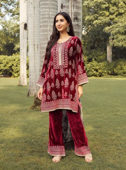 Sargam Velvet Wine Kurta Set
