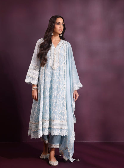 Rupa Organza Blue Anarkali Kurta with Pima Satin Blue Pant Set