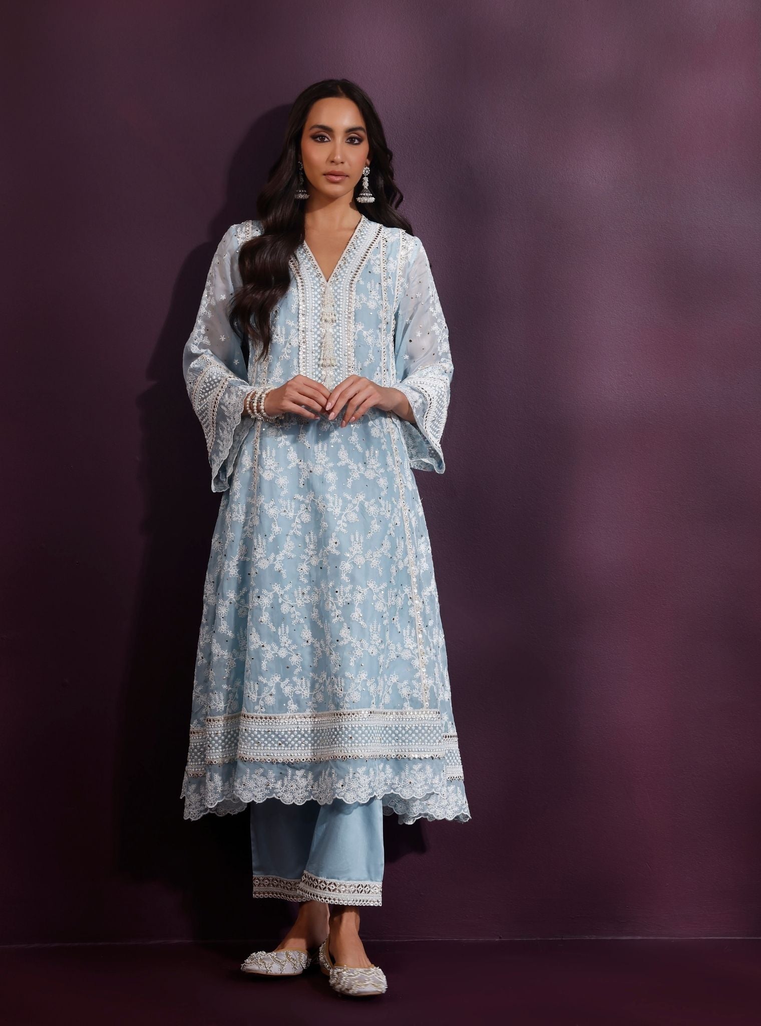 Rupa Organza Blue Anarkali Kurta with Pima Satin Blue Pant Set