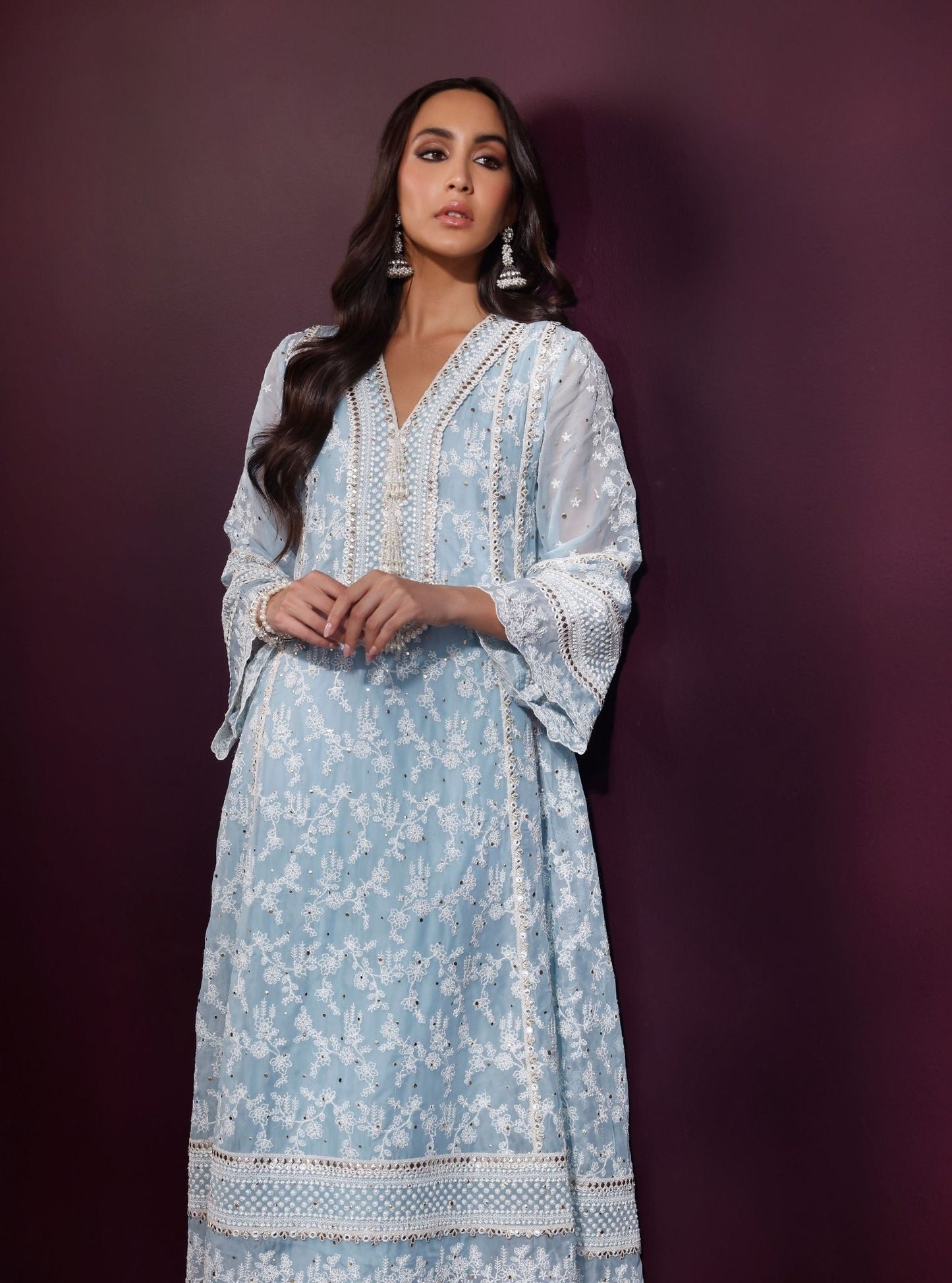 Rupa Organza Blue Anarkali Kurta with Pima Satin Blue Pant Set