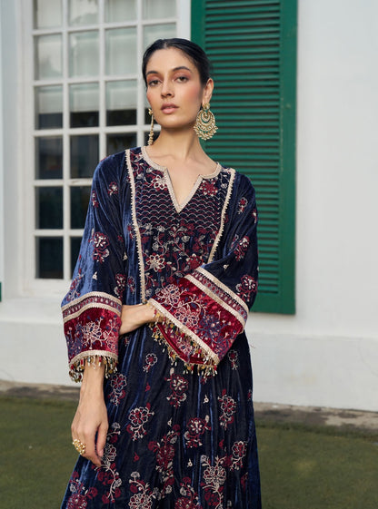 Dhun Velvet Navy Kurta with Wine Pant Set