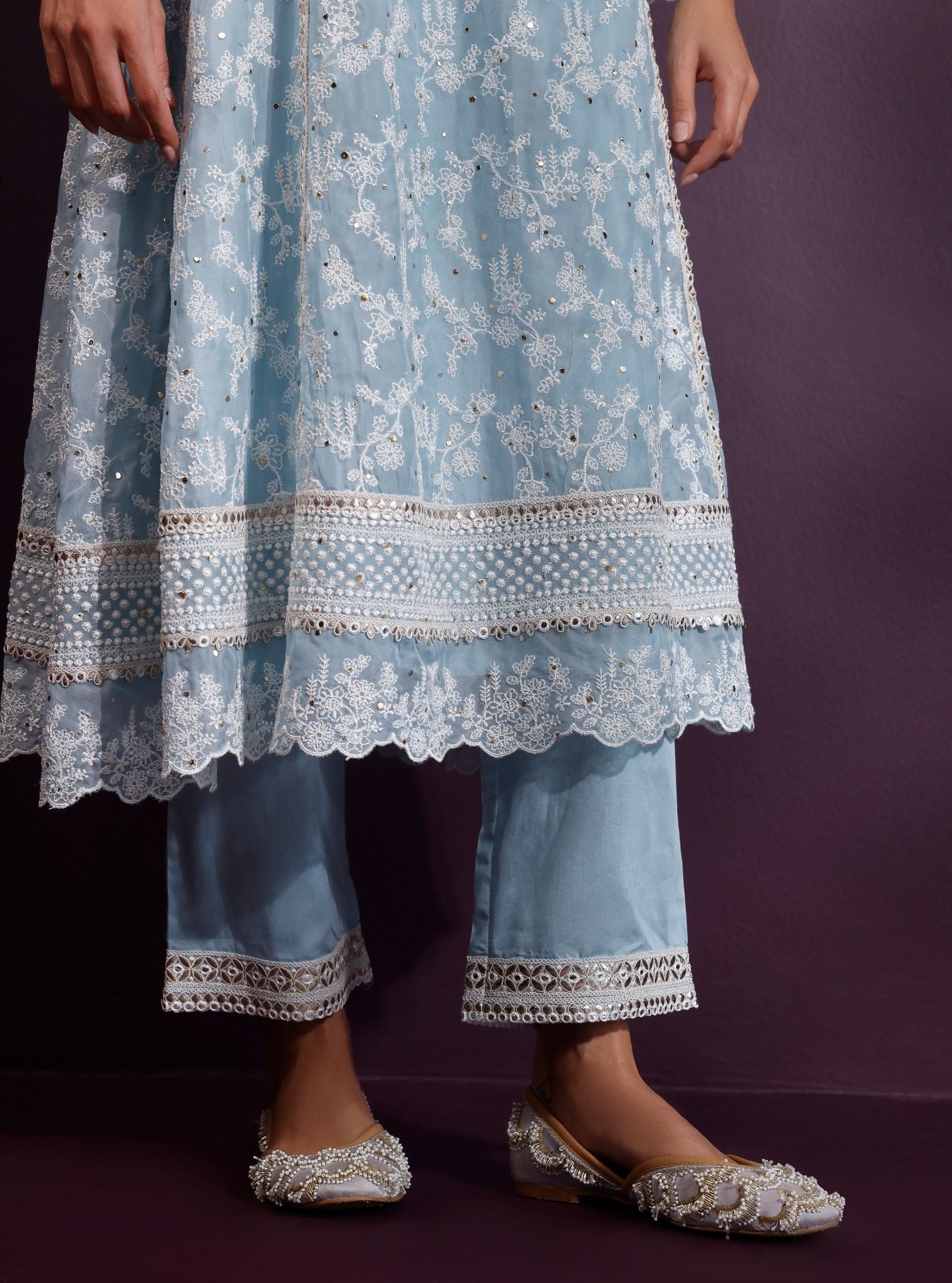 Rupa Organza Blue Anarkali Kurta with Pima Satin Blue Pant Set