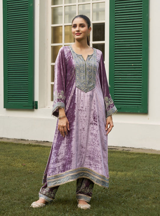 Madhaniya Velvet Lavender Kurta Set