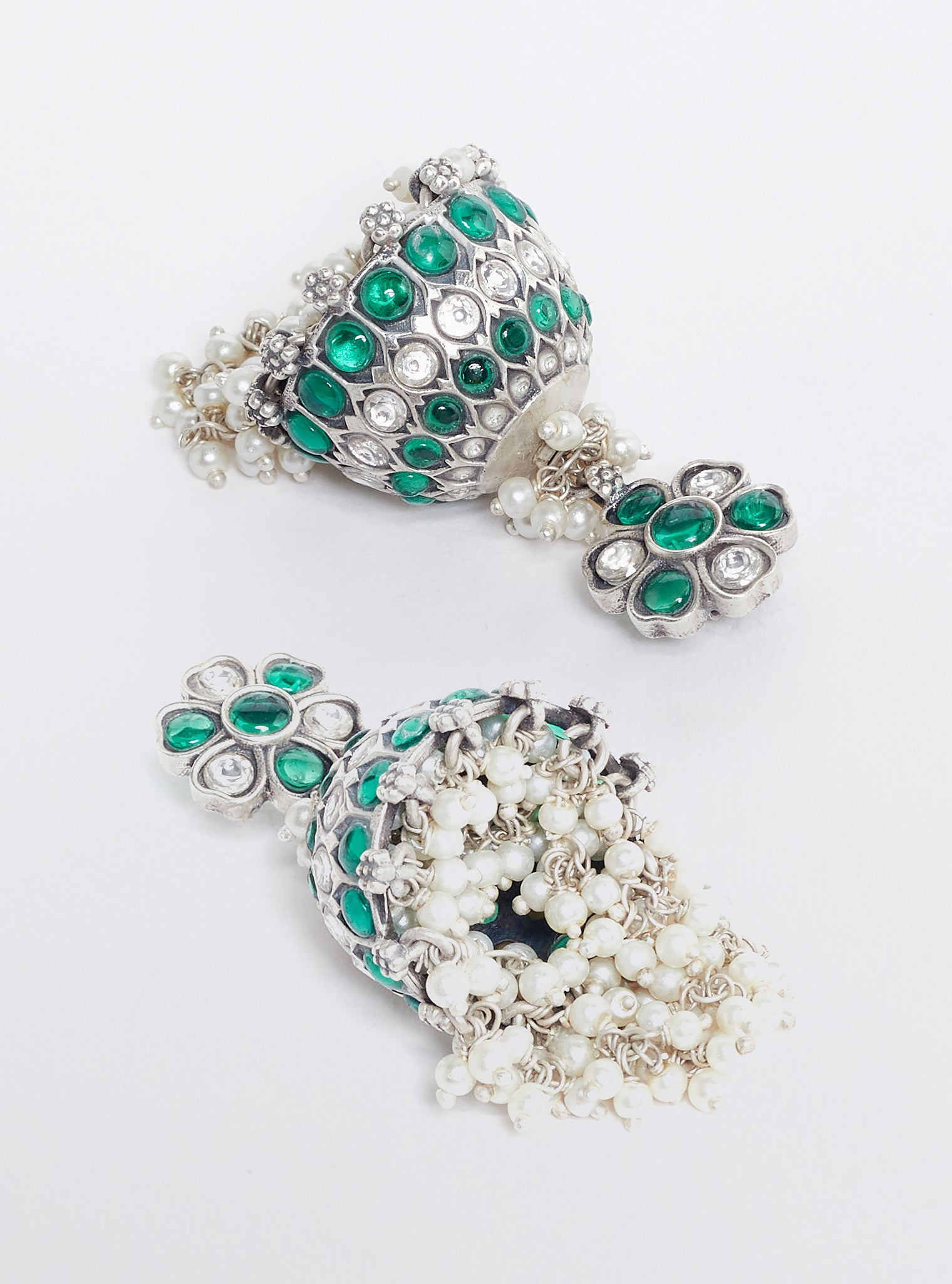 Pure Silver Dakshi Green Jhumka