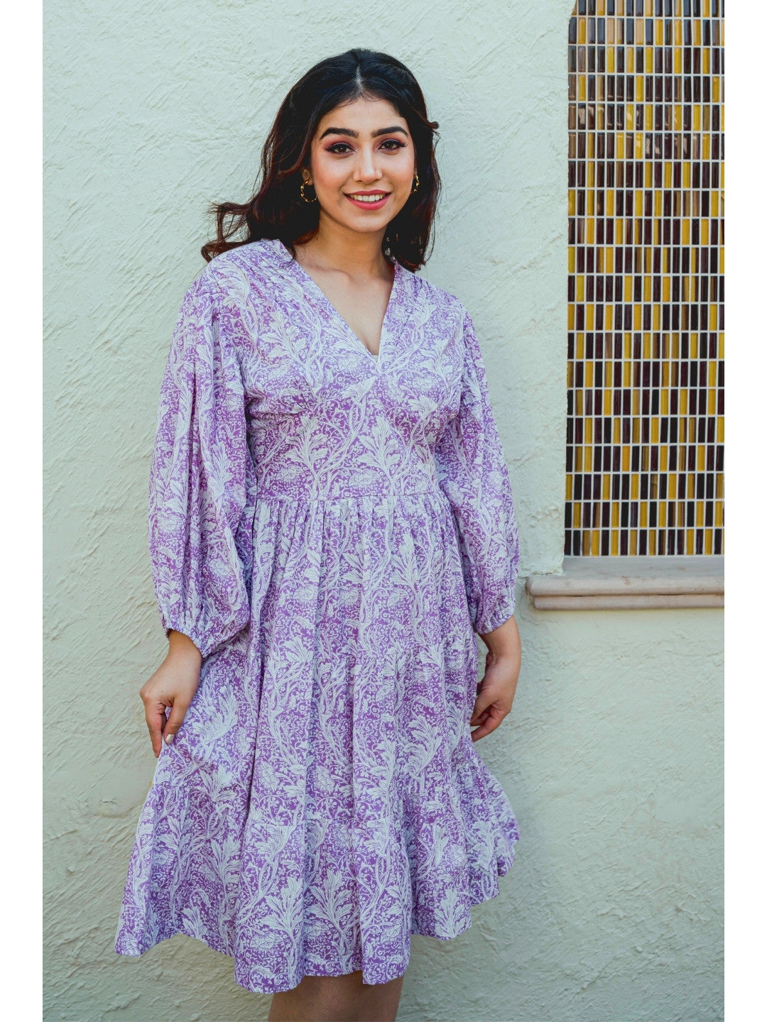 Bishop Sleeve Purple Bale Pure Cotton Dress