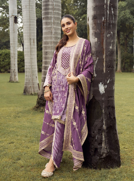 Shayari Velvet Lavender Kurta with Dhoti Pant Set