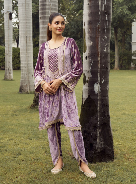 Shayari Velvet Lavender Kurta with Dhoti Pant Set
