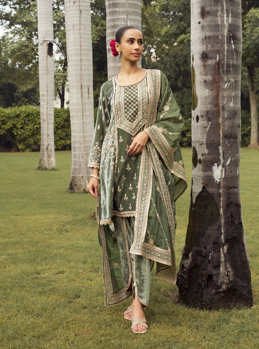 Shayari Velvet Olive Green Kurta with Dhoti Pant Set