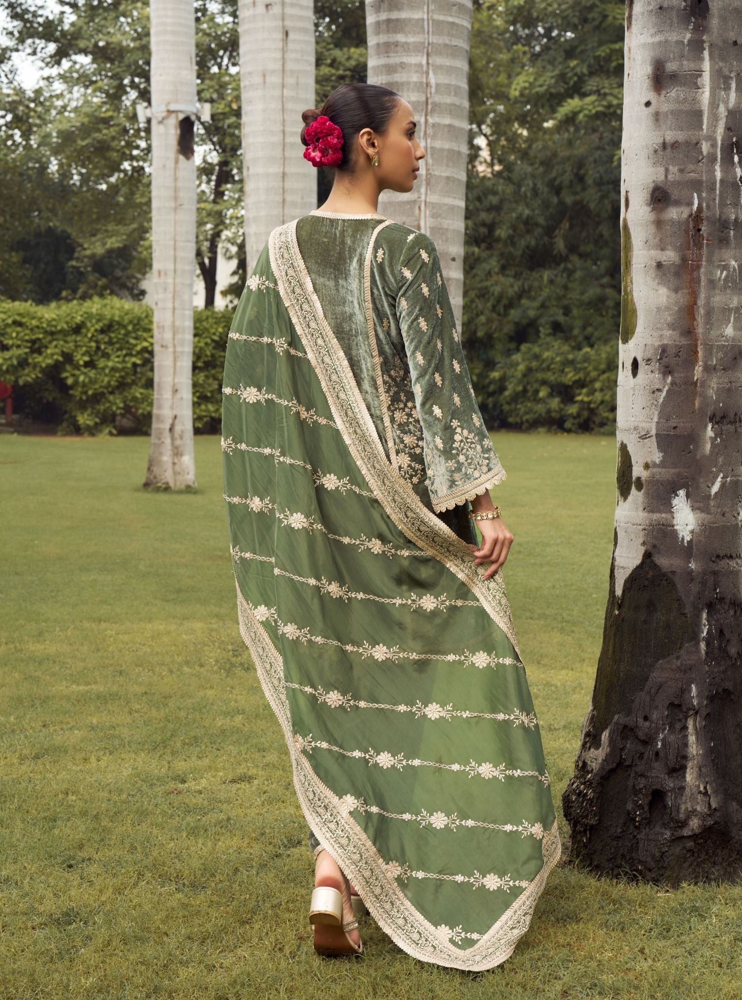 Shayari Velvet Olive Green Kurta with Dhoti Pant Set