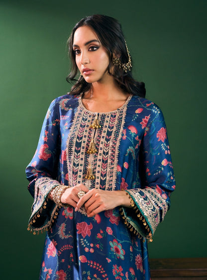 Sahi Cupro Satin Printed Navy Kurta with Navy Salwar Set