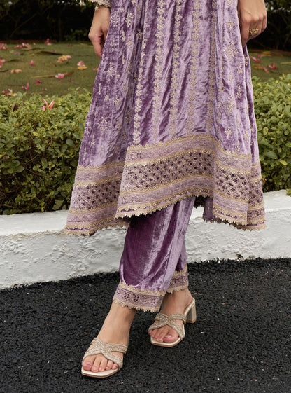 Suramya Velvet Lavender Anarkali Kurta Set