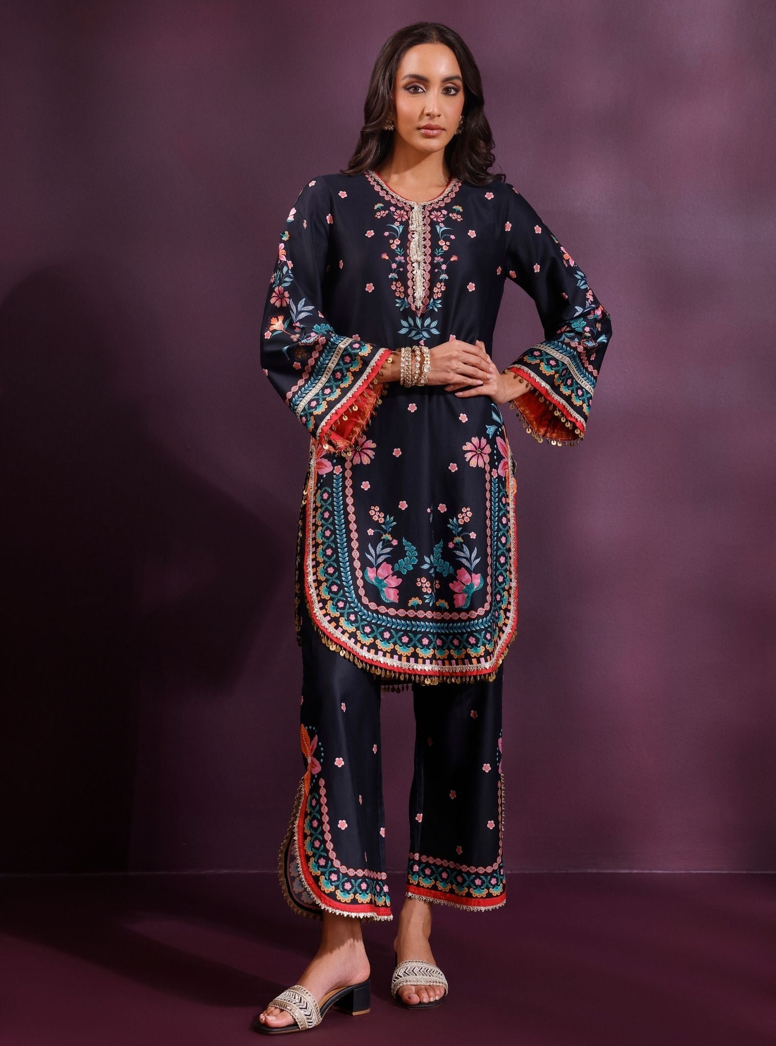 Omira Pima Satin Printed Black Kurta Set