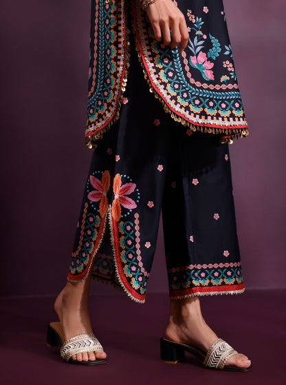 Omira Pima Satin Printed Black Kurta Set