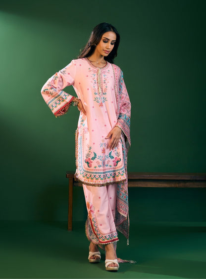Omira Pima Satin Printed Pink Kurta Set