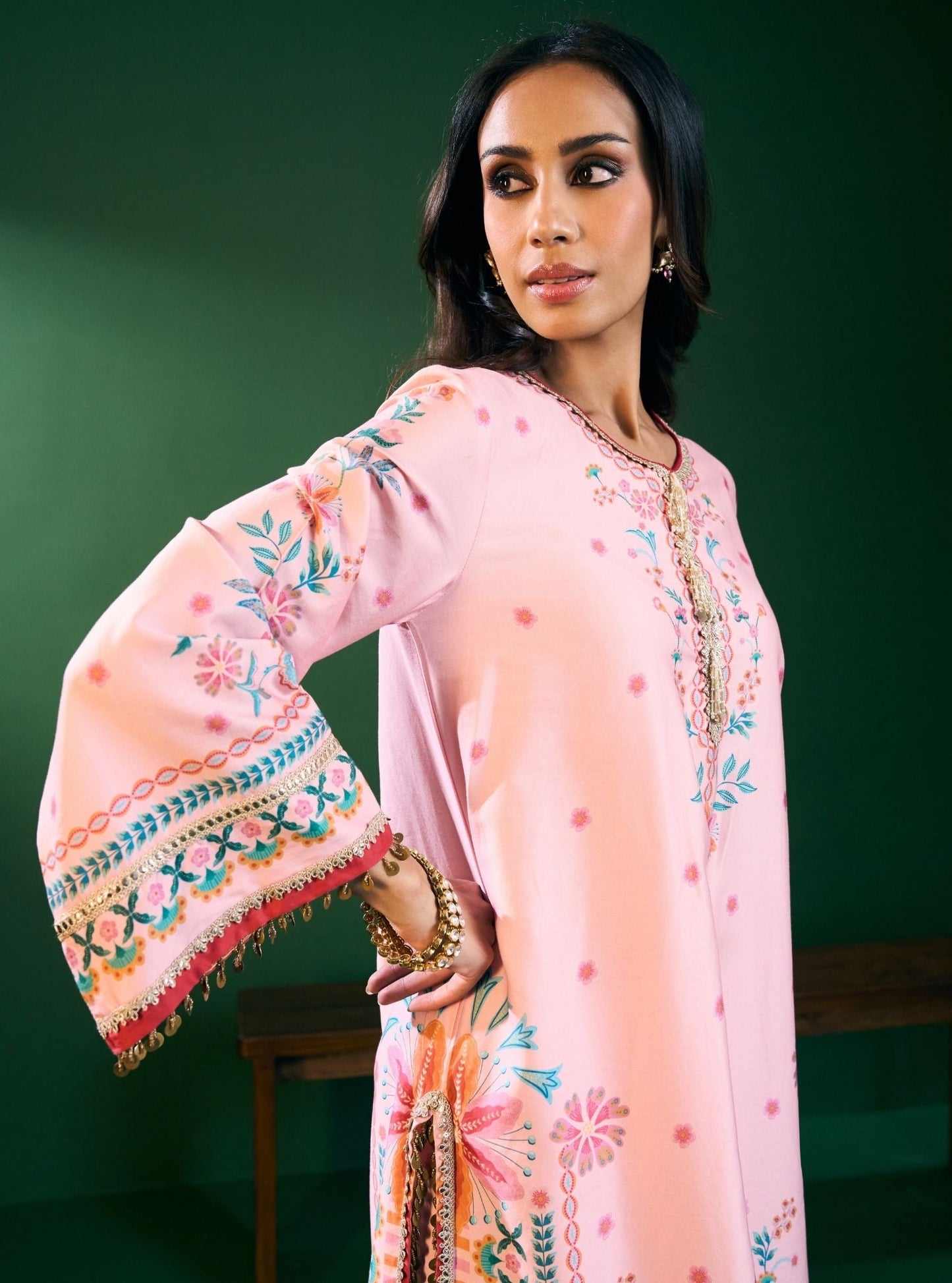 Omira Pima Satin Printed Pink Kurta Set