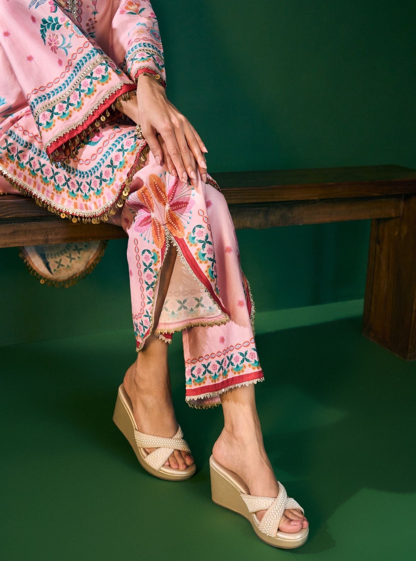 Omira Pima Satin Printed Pink Kurta Set