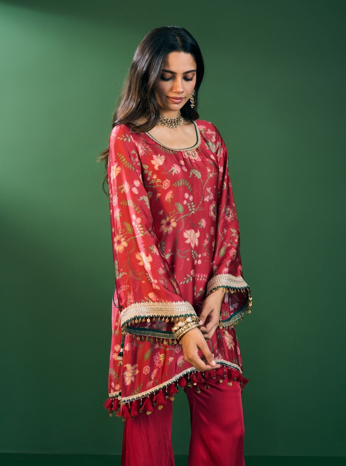 Arvi Cupro Satin Red Kurta Set