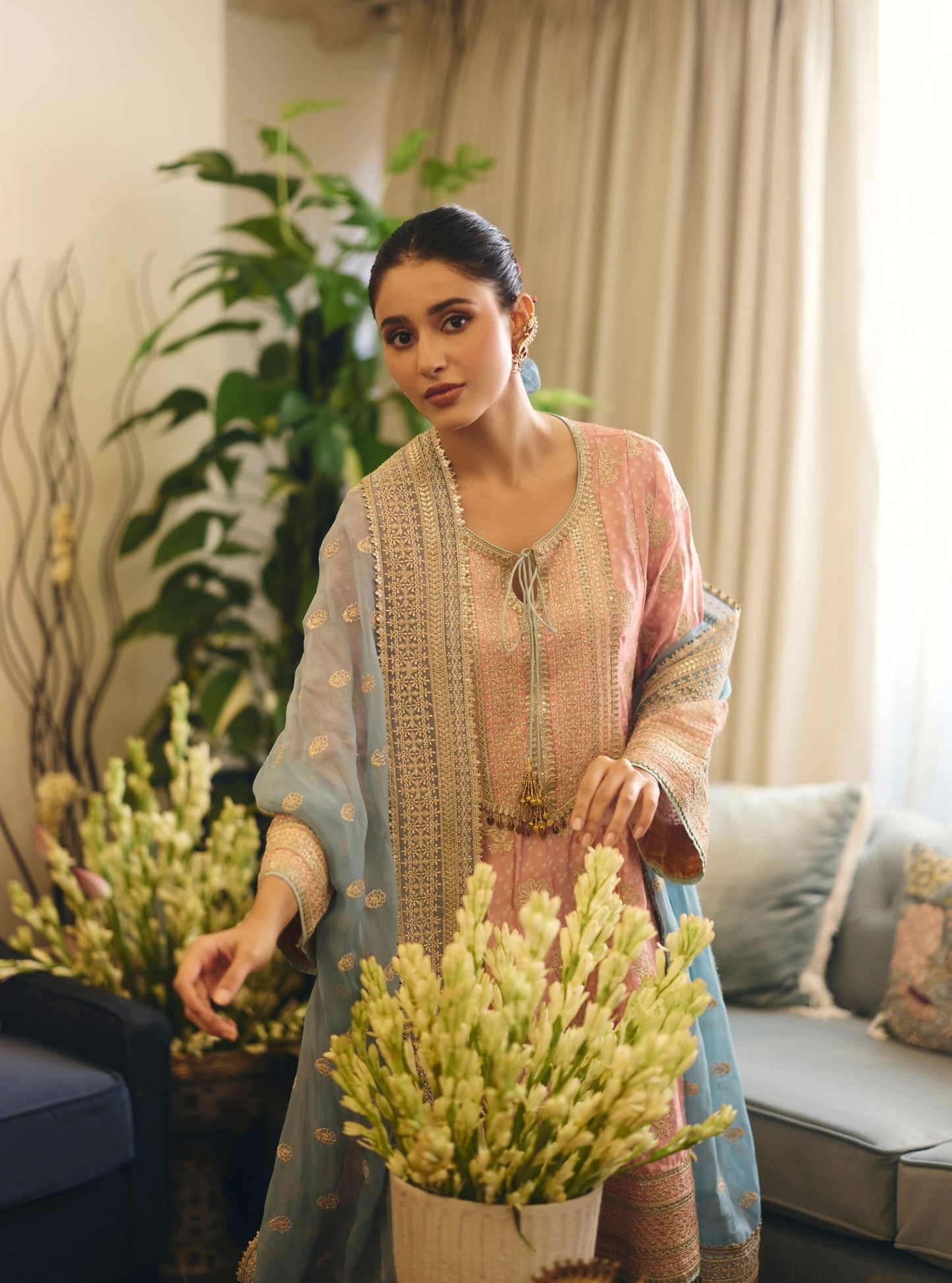 Arvini Cupro Satin Pink Anarkali Kurta Set