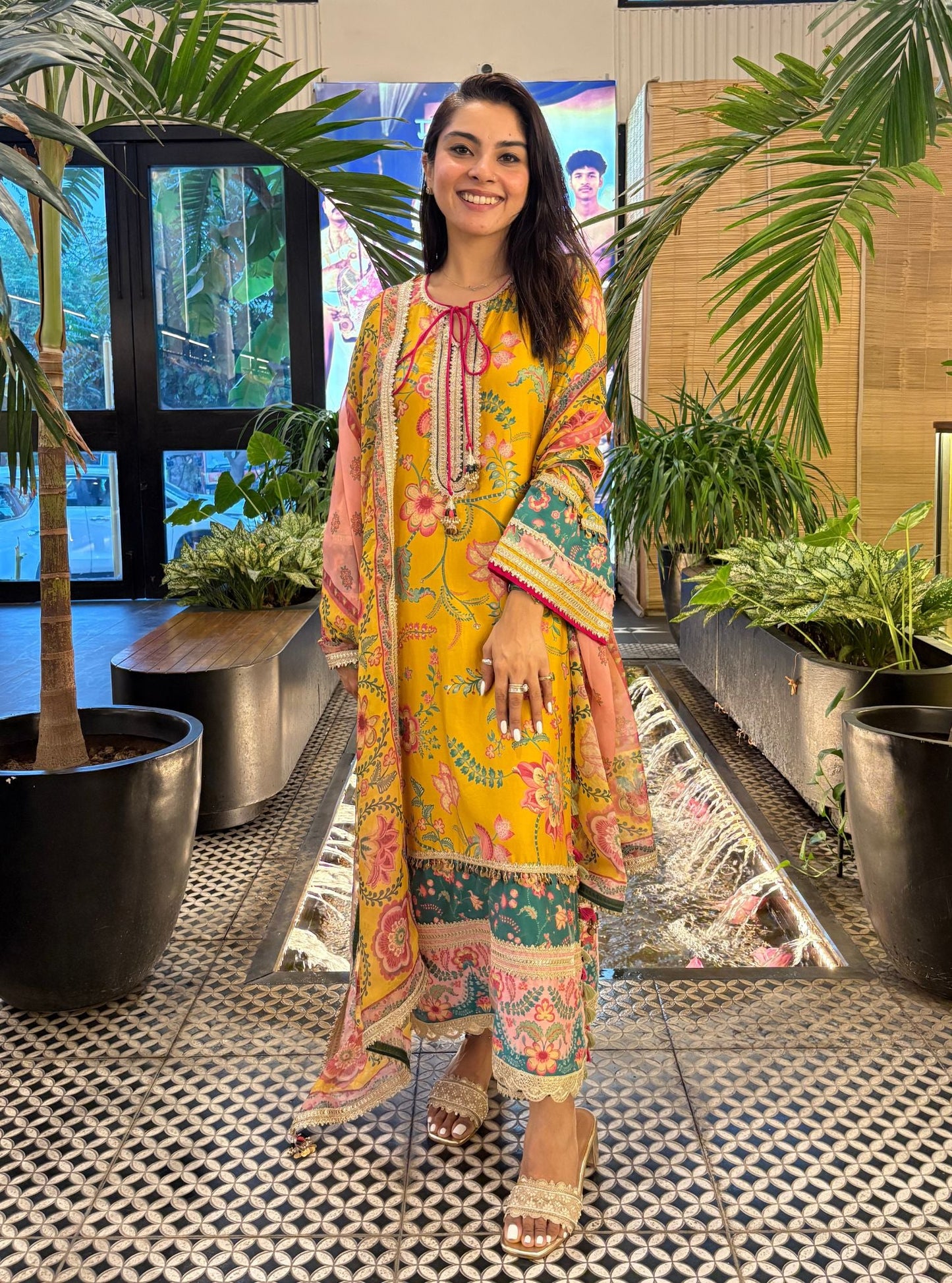 Nisi Pima Satin Printed Mustard Kurta Set