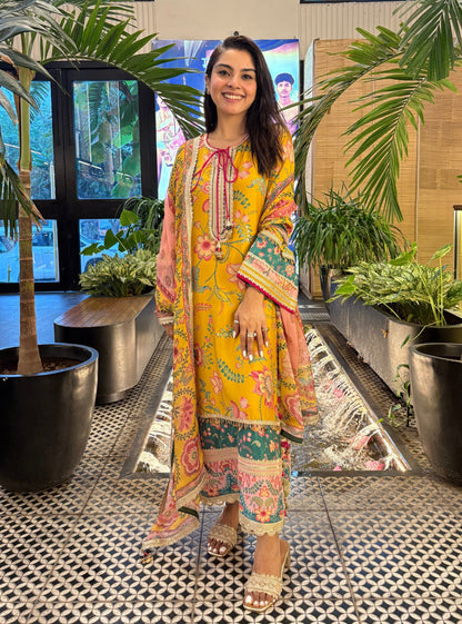 Nisi Pima Satin Printed Mustard Kurta Set