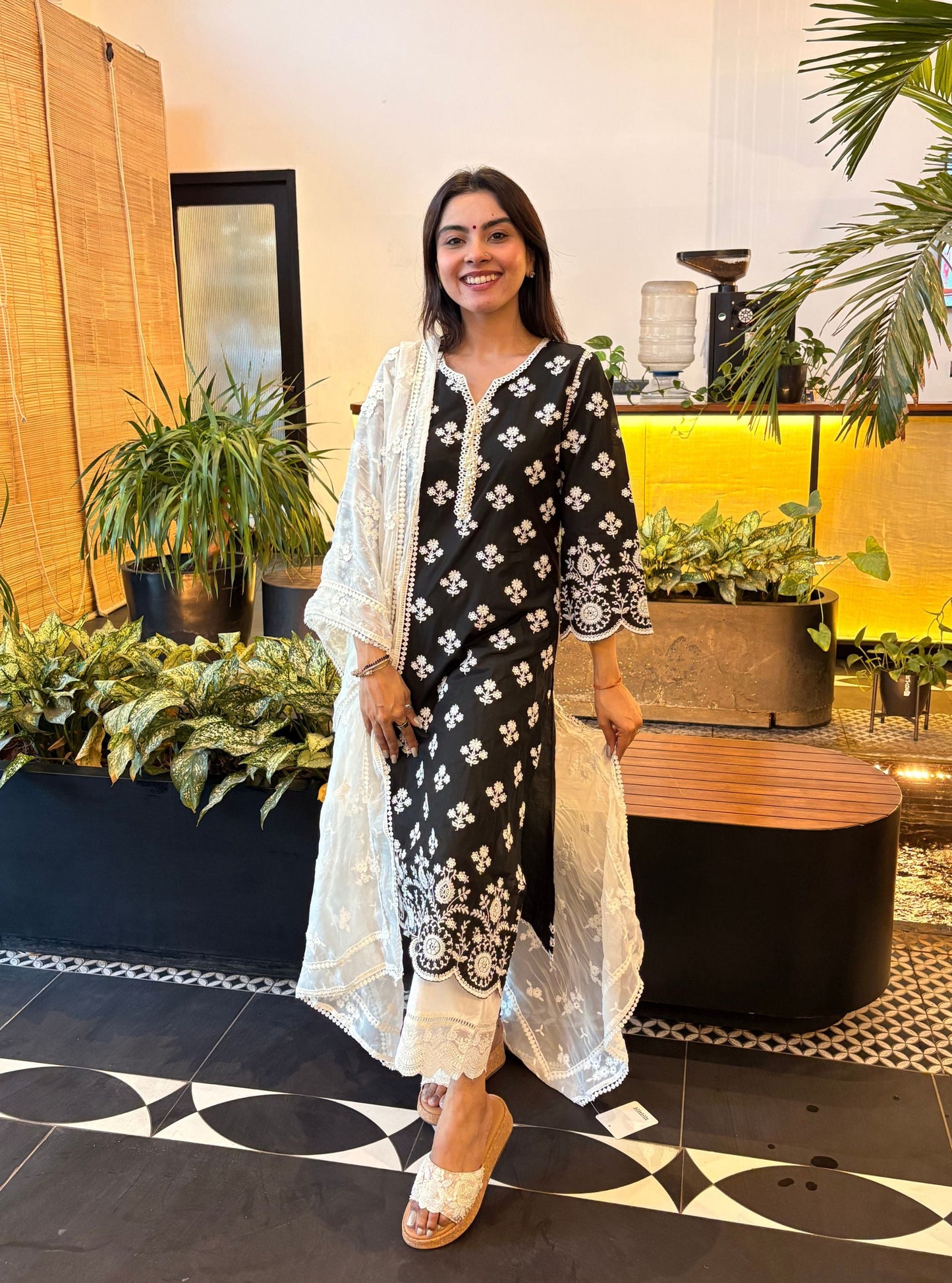 Arpora Supima Cotton Black Kurta With Floral Organza White Pyjama