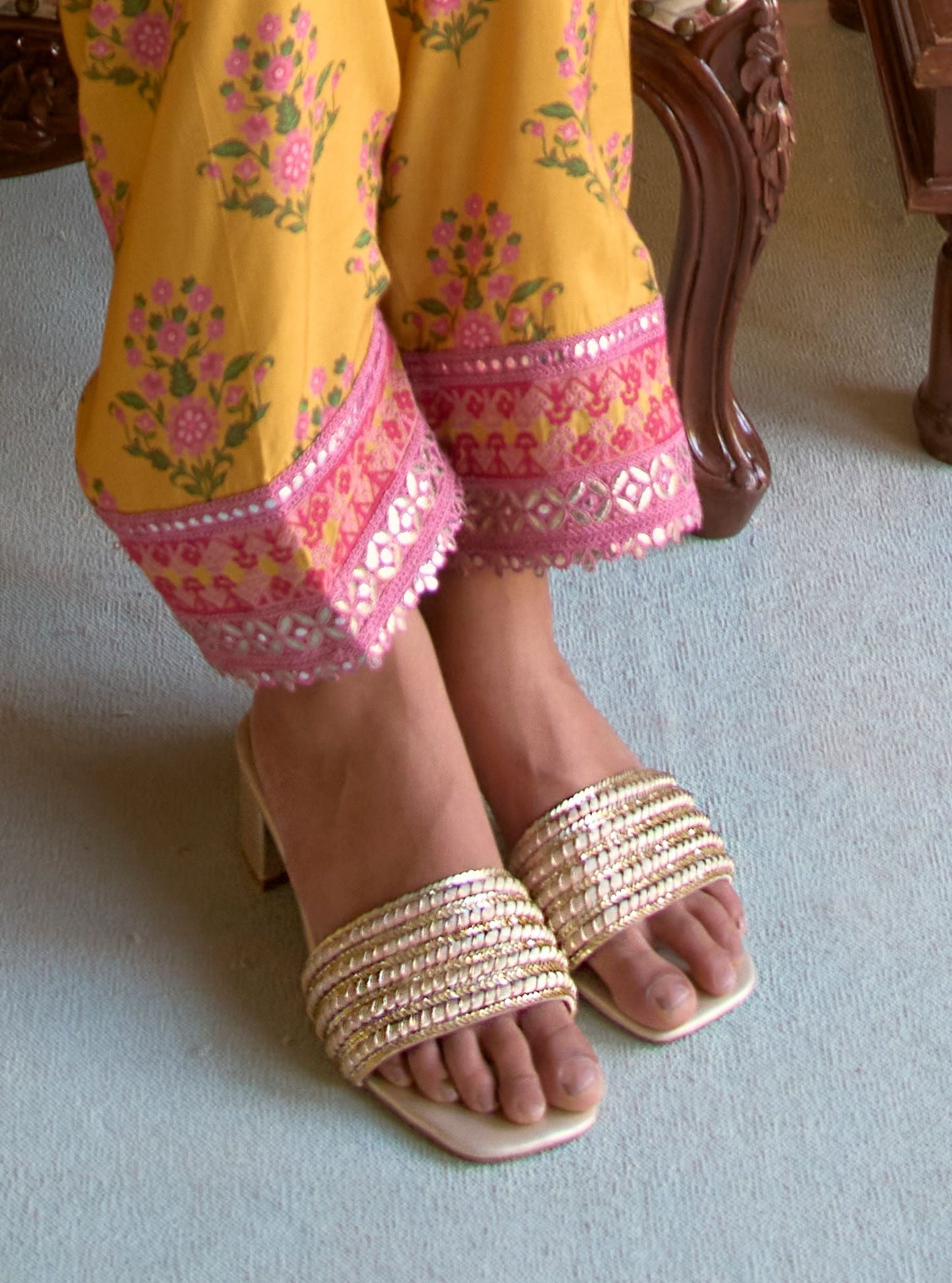 Hannah Off white Gold Vegan Block Heel