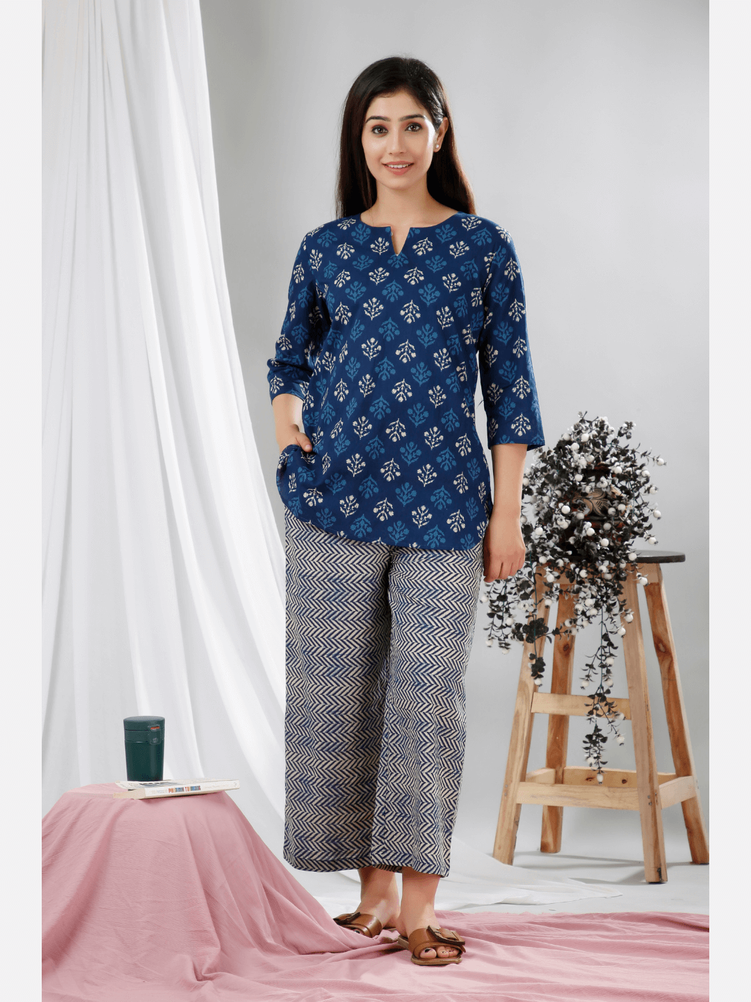 Blue Indigo Hand Block Printed Pure Cotton Lounge Wear