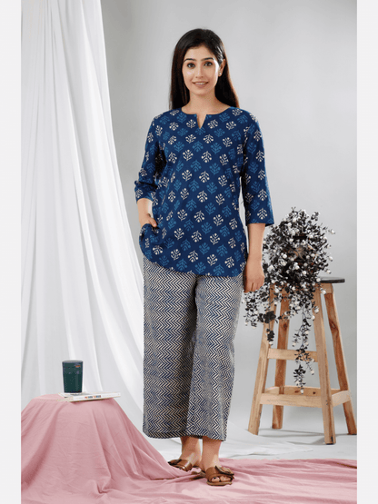 Blue Indigo Hand Block Printed Pure Cotton Lounge Wear