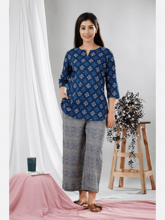 Blue Indigo Hand Block Printed Pure Cotton Lounge Wear
