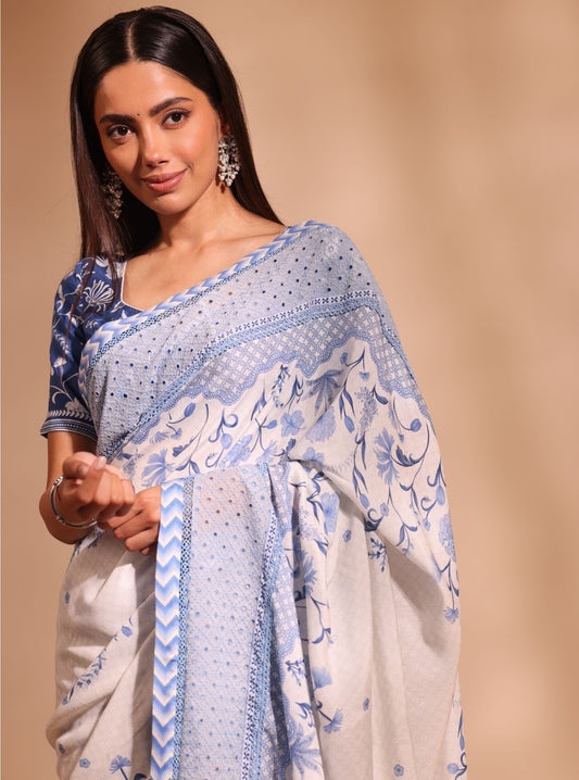 Niri Lawn White Saree