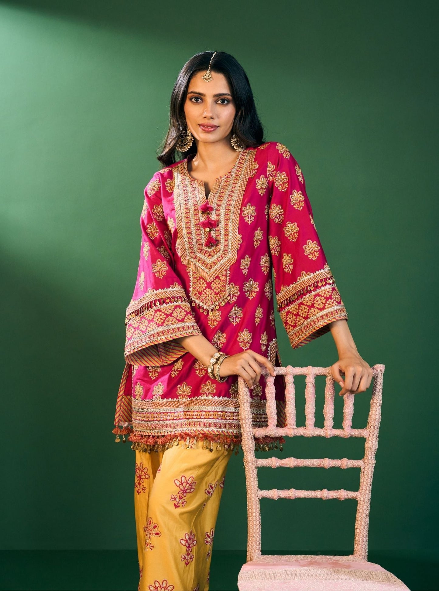 Lani Pima Satin Fuchsia Kurta With Mustard Pant