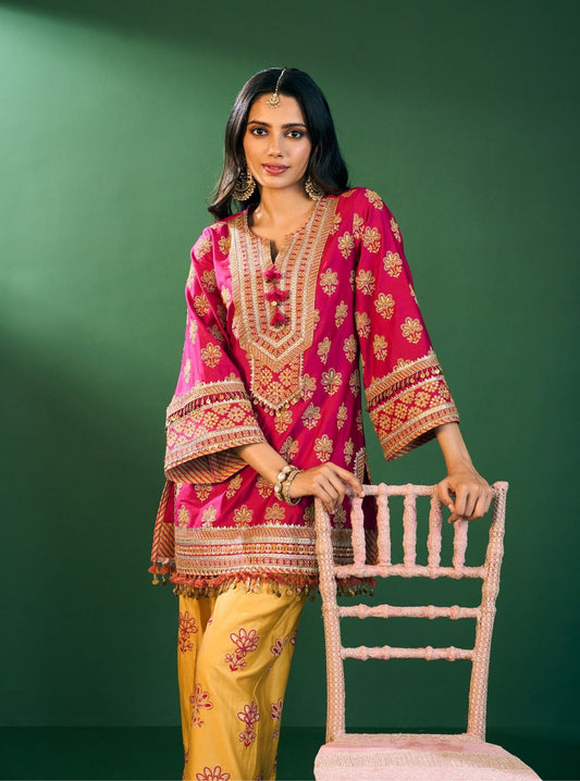 Lani Pima Satin Fuchsia Kurta With Mustard Pant