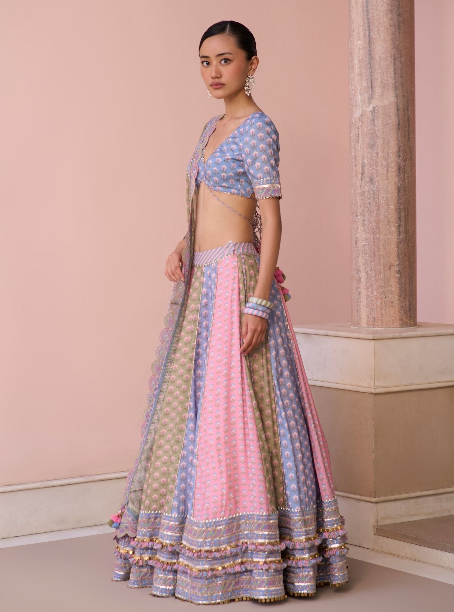 Indira Steel Blue Printed Lawn Lehenga Set