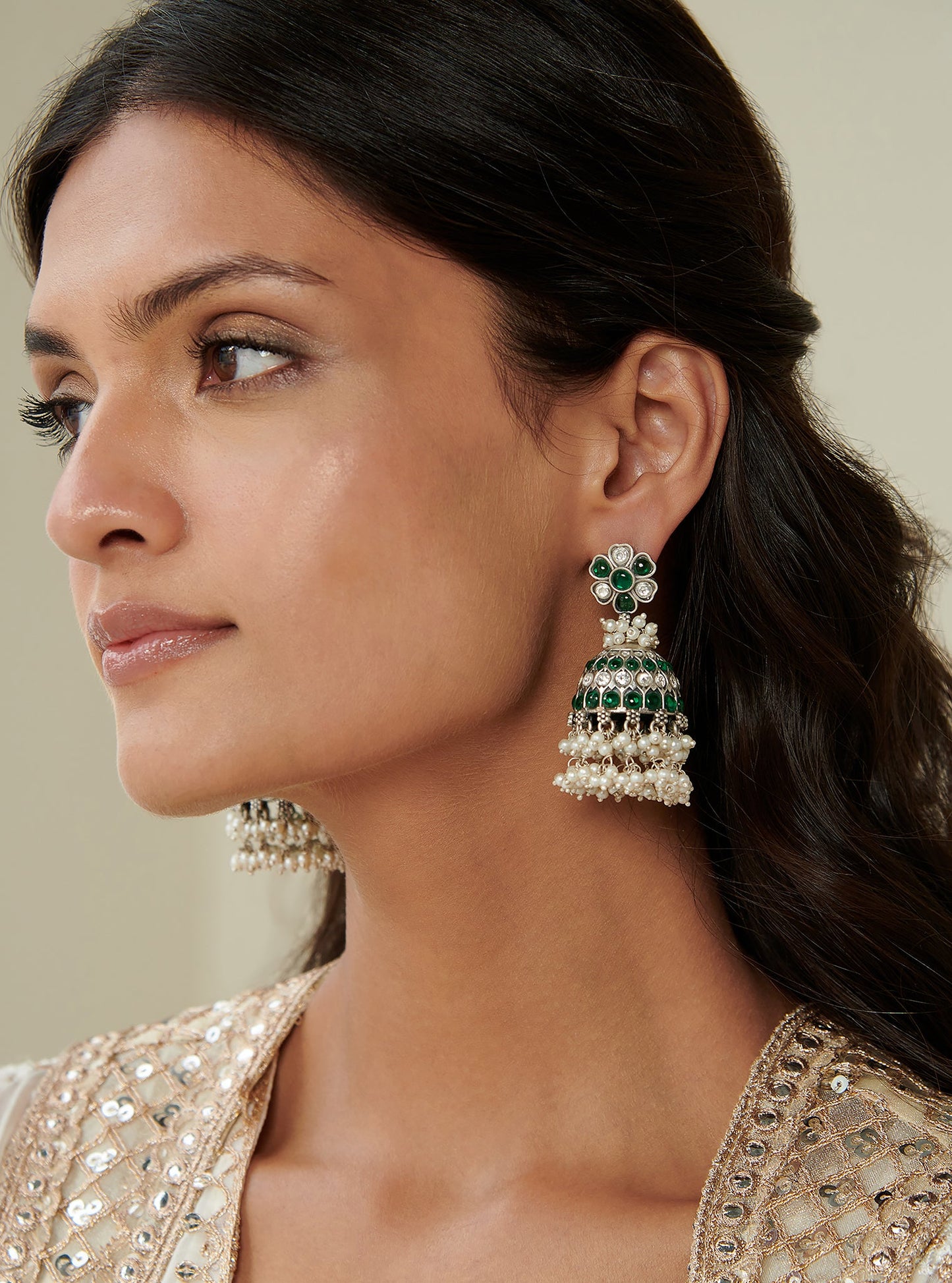 Pure Silver Dakshi Green Jhumka