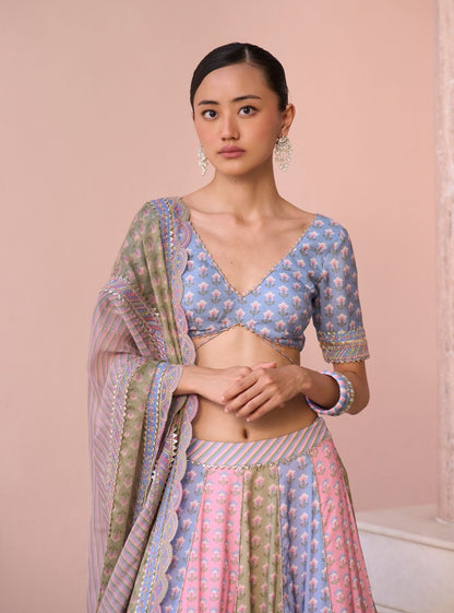 Indira Steel Blue Printed Lawn Lehenga Set