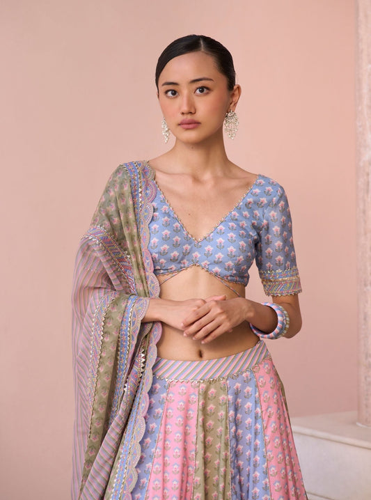 Indira Steel Blue Printed Lawn Lehenga Set