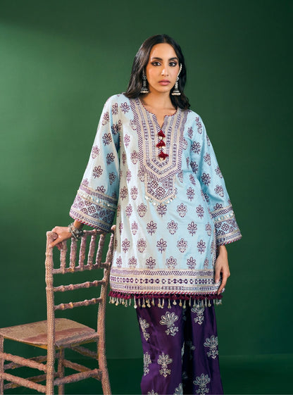 Lani Pima Satin Sky Blue Kurta With Purple Pant