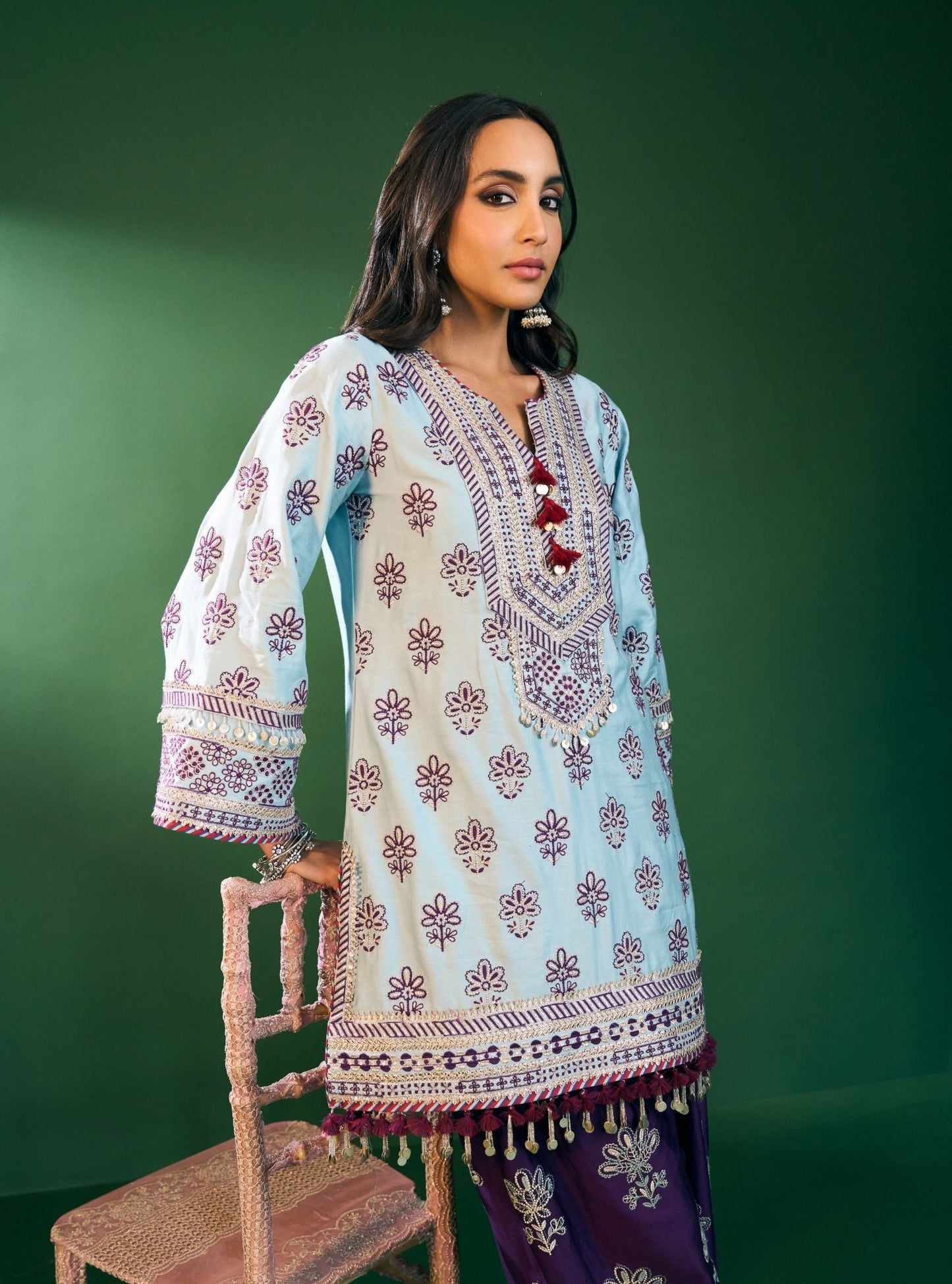 Lani Pima Satin Sky Blue Kurta With Purple Pant