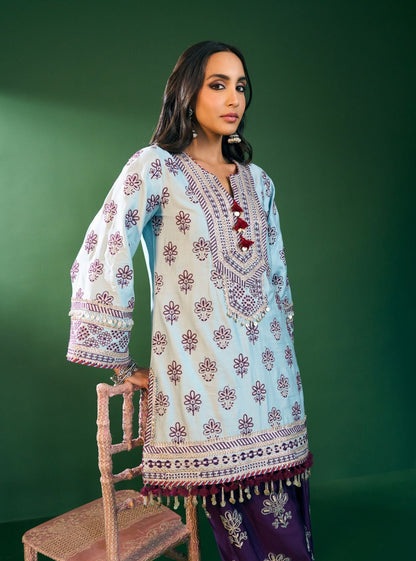 Lani Pima Satin Sky Blue Kurta With Purple Pant