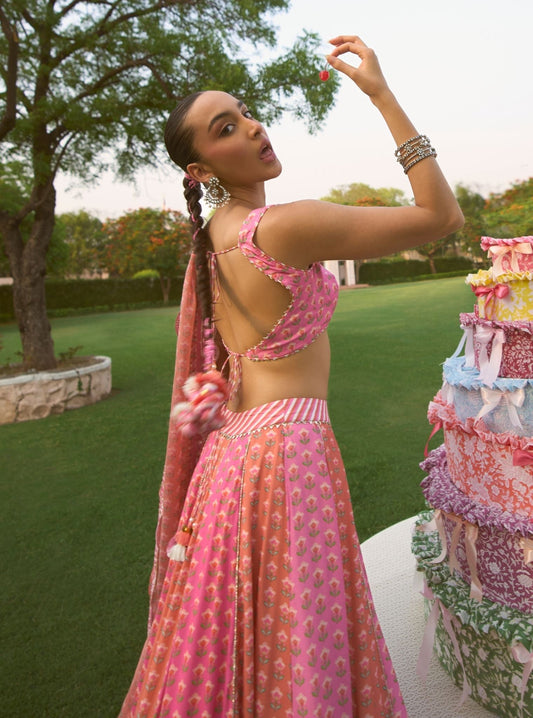 Indira Rani Pink Printed Lawn Lehenga Set