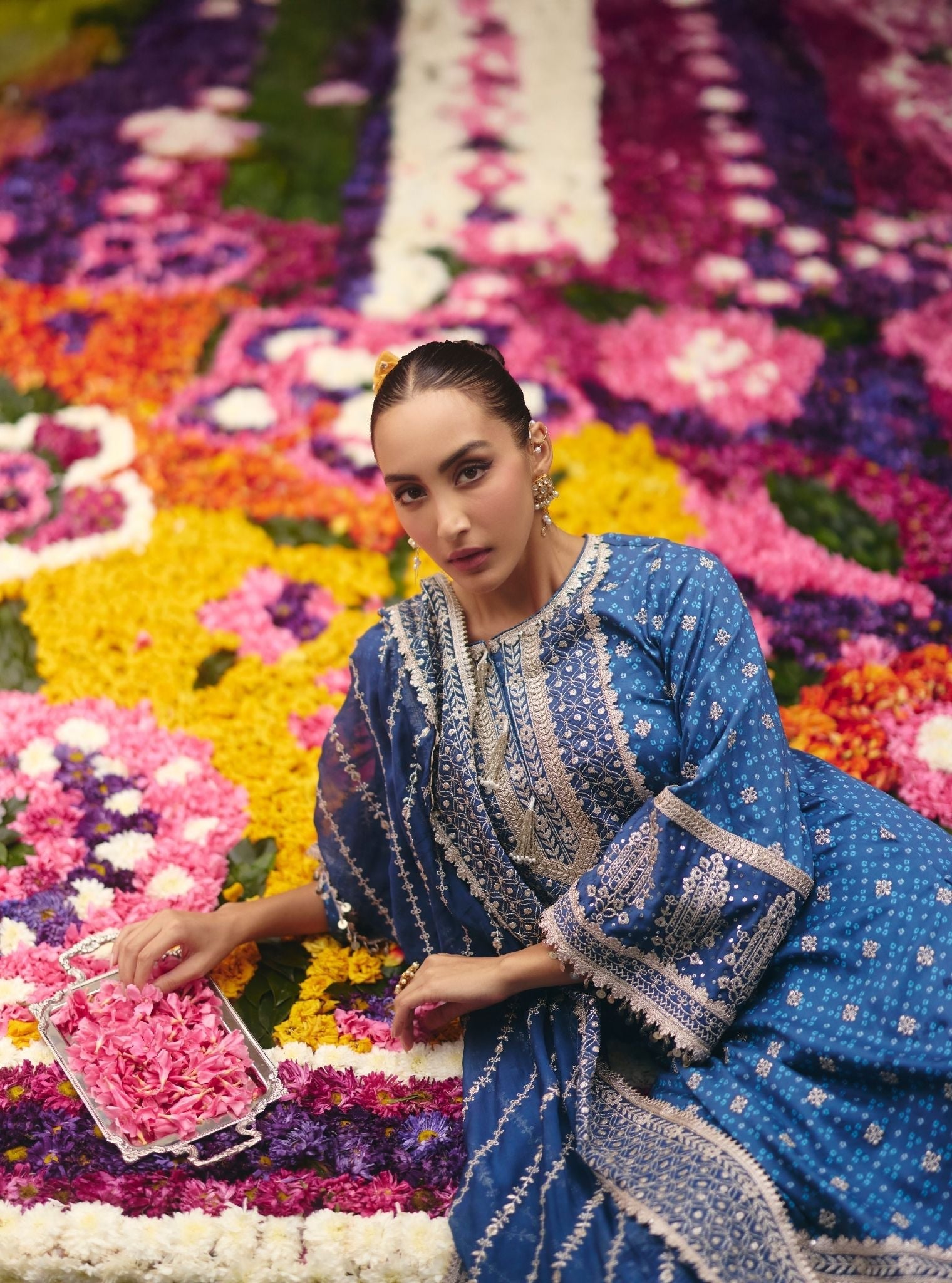 Lari Pima Satin Printed Navy Kurta Set