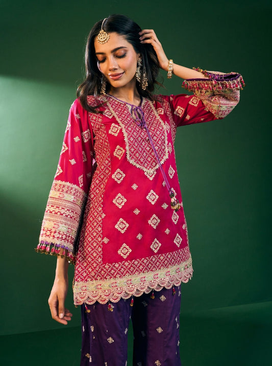 Hira Pima Satin Fuschia Kurta Set