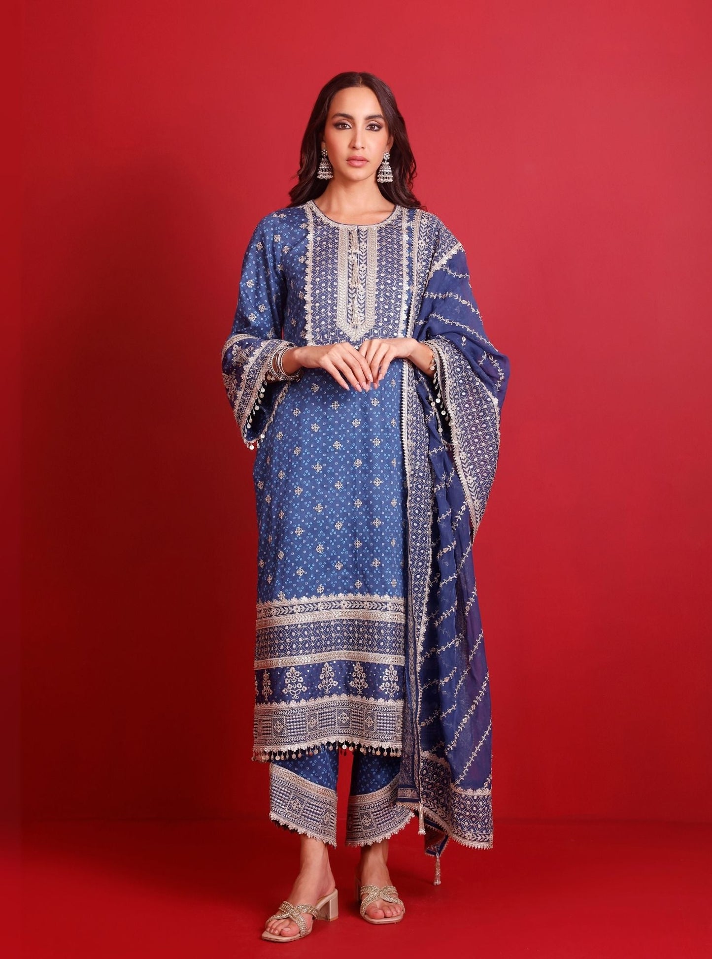 Lari Pima Satin Printed Navy Kurta Set