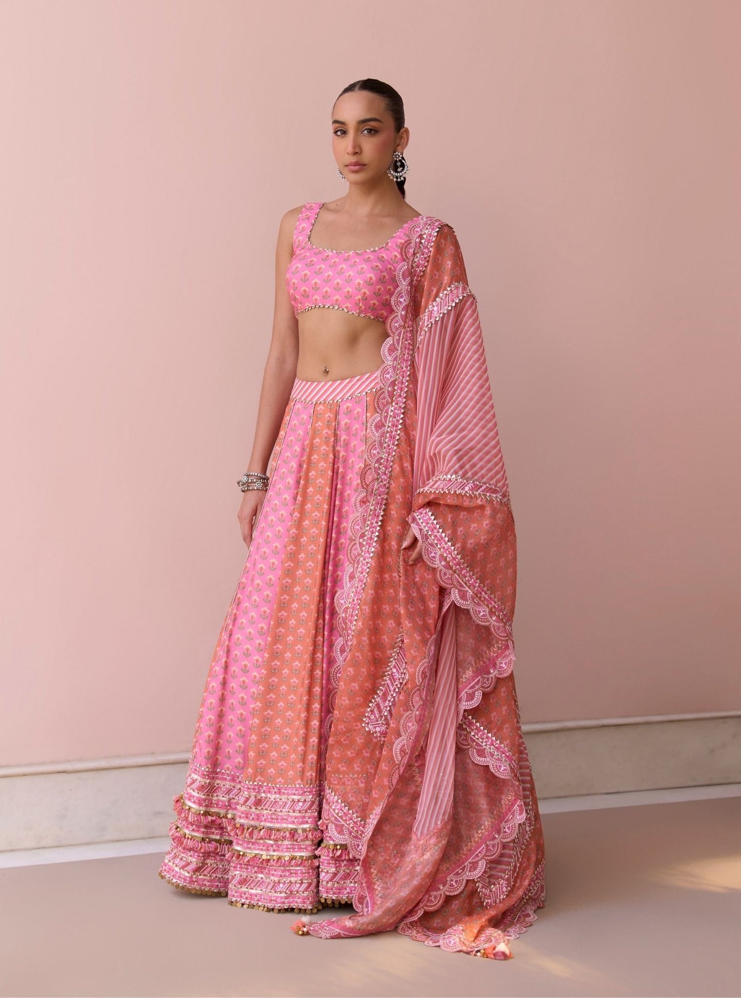Indira Rani Pink Printed Lawn Lehenga Set