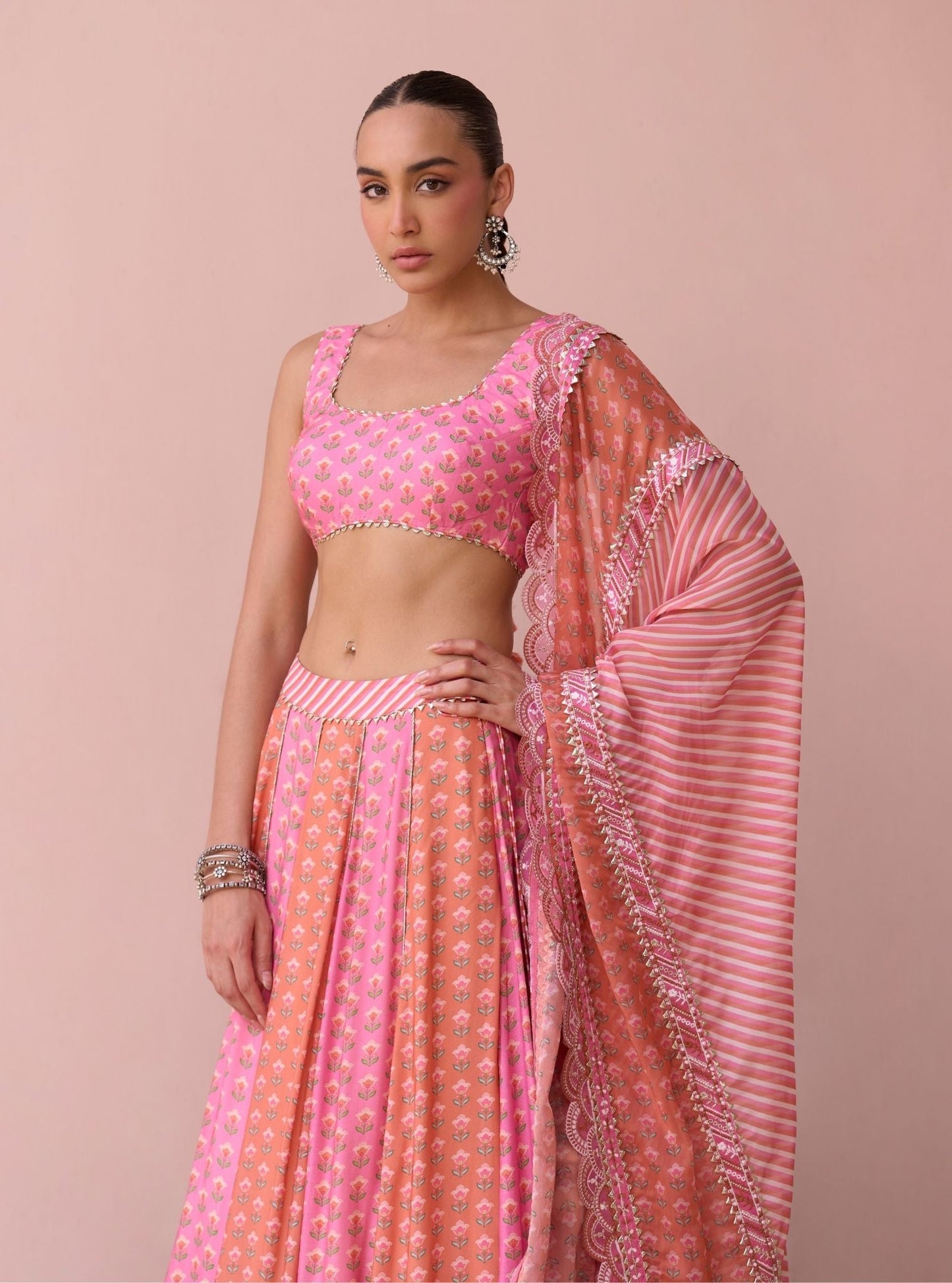 Indira Rani Pink Printed Lawn Lehenga Set