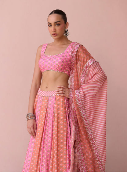 Indira Rani Pink Printed Lawn Lehenga Set